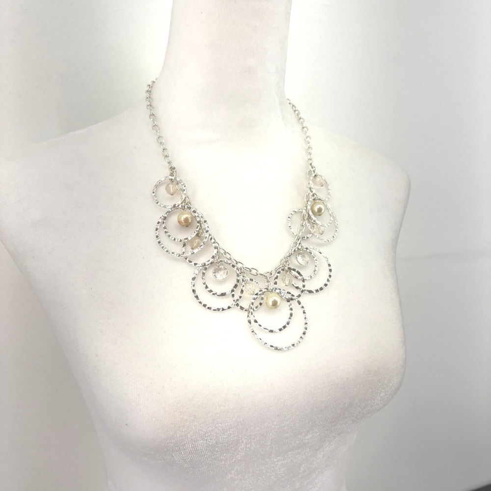 Hammered‎ Layered Cascading Circles Pearls Silver Tone Bib Necklace Statement